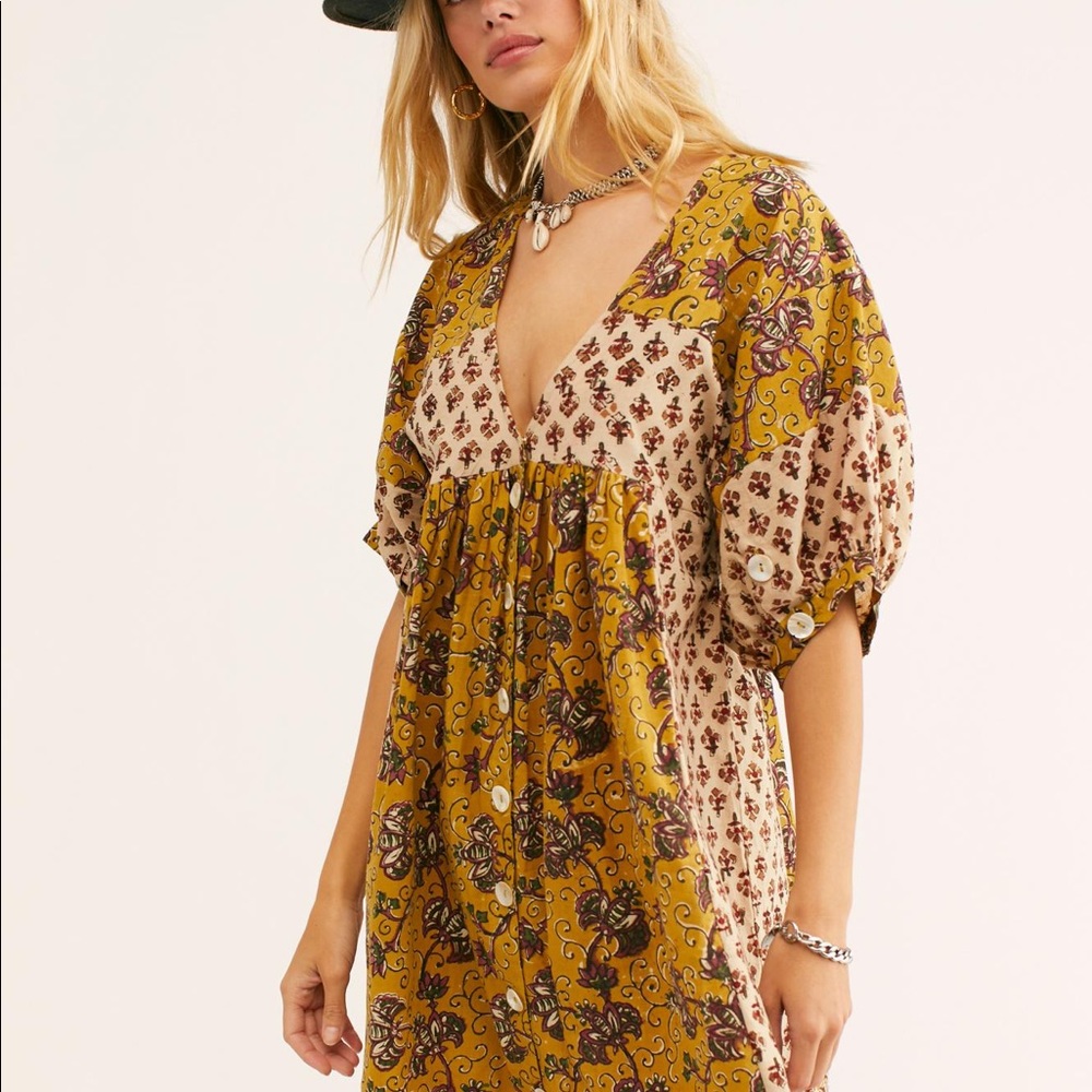 Free People Yellow and Brown Mini Dress